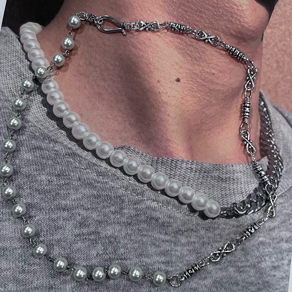 NWOT - Men’s white pearl & silver-tone stainless steel chain necklace